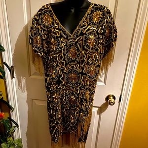 Vintage Tan Chho Black And Gold 100% Silk Beaded Sequin Dress Size 1X